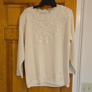 Cymbrion ivory sweater with delicate pearl beads & leaf detail embroidery